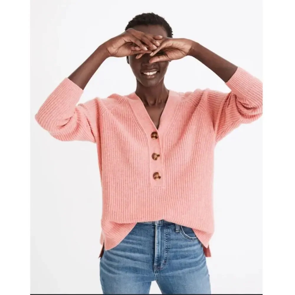 Madewell Ribbed Lyle Henley sweater pink merino wool blend warm soft vneck XS
